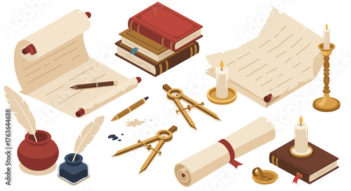 Isometric vintage writing tools and books set with candles and quill