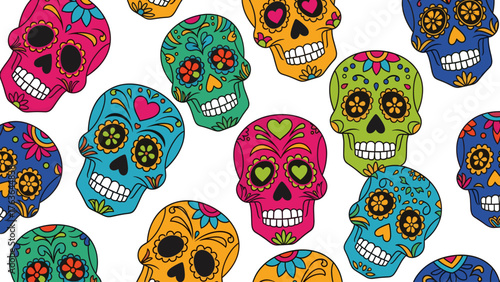 Vibrant Day of the Dead Sugar Skulls Pattern. Colorful Mexican Calaveras Background for Dia de los Muertos Celebration