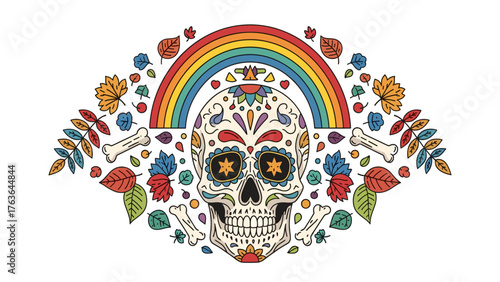 Vibrant Sugar Skull with Rainbow, Leaves, and Bones. Day of the Dead Cultural Design.