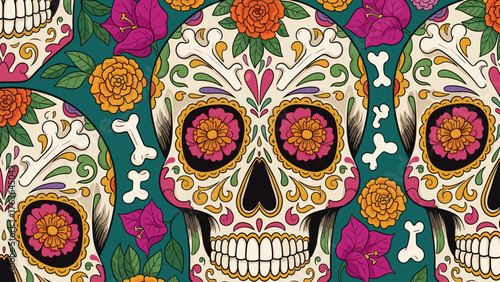 Vibrant Sugar Skulls Seamless Pattern with Floral Motifs and Bones. Day of the Dead Inspired Calaveras Background.