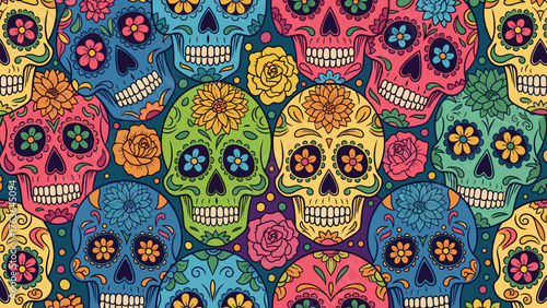 Colorful Sugar Skulls Pattern for Dia de los Muertos. Vibrant Mexican Calaveras with Floral Ornaments Background.