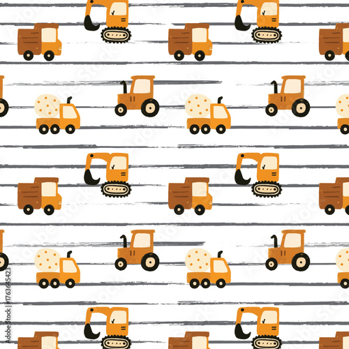 Vector hand-drawn seamless repeating children simple pattern with cars in Scandinavian style on a white background. Kids seamless pattern with building equipment. Funny construction transport
