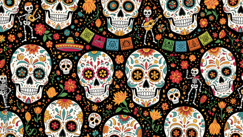 Vibrant Day of the Dead Sugar Skulls Seamless Pattern. Calaveras, Flowers & Skeletons on Black Background.