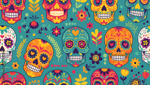 Festive Day of the Dead Sugar Skulls Seamless Pattern with Colorful Floral Motifs