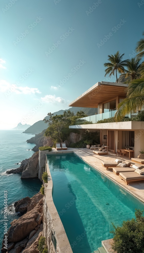 Fototapeta premium Luxury villa located on cliff edge with infinity pool, ocean view. Tropical island retreat destination offers accommodation, relaxation on vacation, nature scenic beauty. Stylish contemporary design