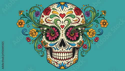 Vibrant Sugar Skull Illustration with Floral Ornaments. Traditional Mexican Calavera for Day of the Dead Celebration.
