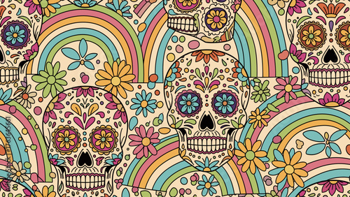 Colorful Seamless Pattern with Festive Sugar Skulls, Rainbows, and Flowers