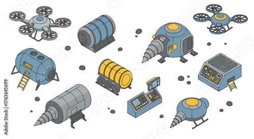 Futuristic space equipment and drones in isometric style for sci-fi projects