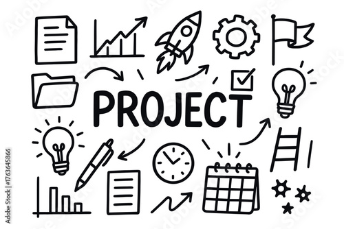 Project management doodles with charts, gear, rocket, and bulb icons