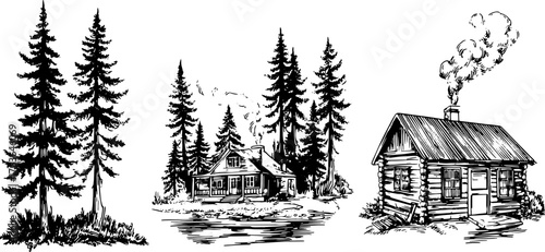 Cabin with trees and smoke in a black and white illustration. Rural landscape showcasing a tranquil rustic vector set.