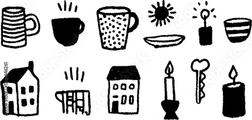 Set of silhouette drawings featuring household items: cup, mug, house, candle, and key. Simple black vector illustration.