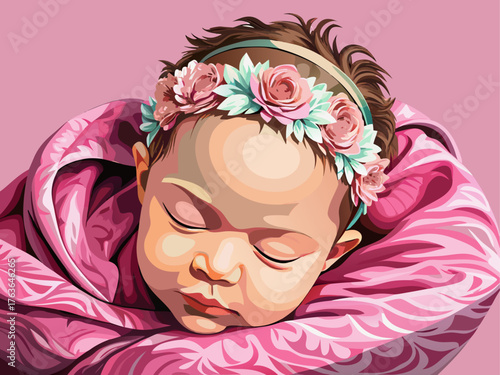 Realistic vector illustration of newborn baby girl wearing floral headband, sleeping on soft pink blanket, detailed skin texture and natural lighting
