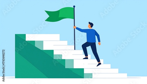 An upward-bound cartoon image shows a person raising a green flag at the top of stairs, symbolizing achievement and success