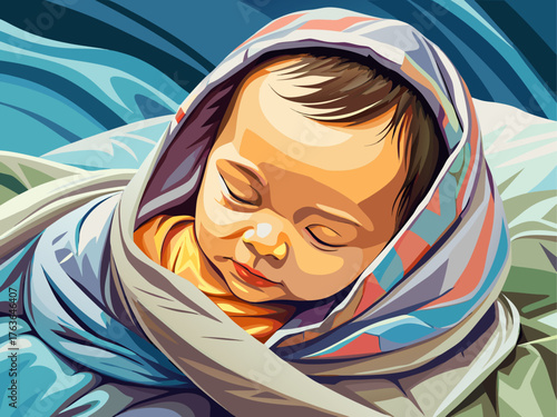 Realistic vector of sleeping newborn baby under soft blanket, warm light, serene face, pastel tones, detailed realistic illustration of peaceful baby sleep