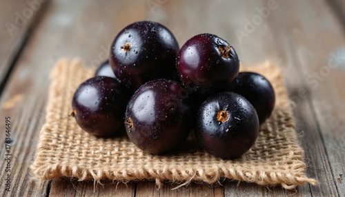 Wallpaper Mural Fresh dark purple jamun fruits pile on burlap cloth. Wet syzygium cumini berries sit on old rustic wood table. Healthy tropical summer fruit, rich in vitamins. Raw java plum for health, diet. Juicy Torontodigital.ca