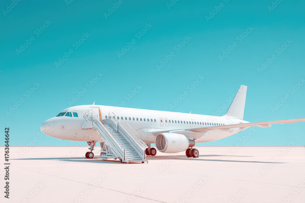 Fototapeta premium White passenger jet plane with boarding stairs isolated on bright background with sky