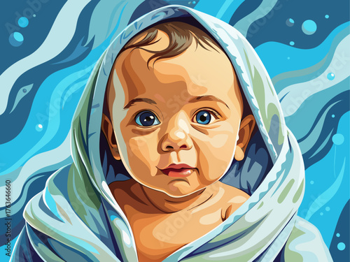 Realistic vector illustration of newborn baby wrapped in towel after bath, water drops, soft light, detailed skin texture, clean and warm newborn scene