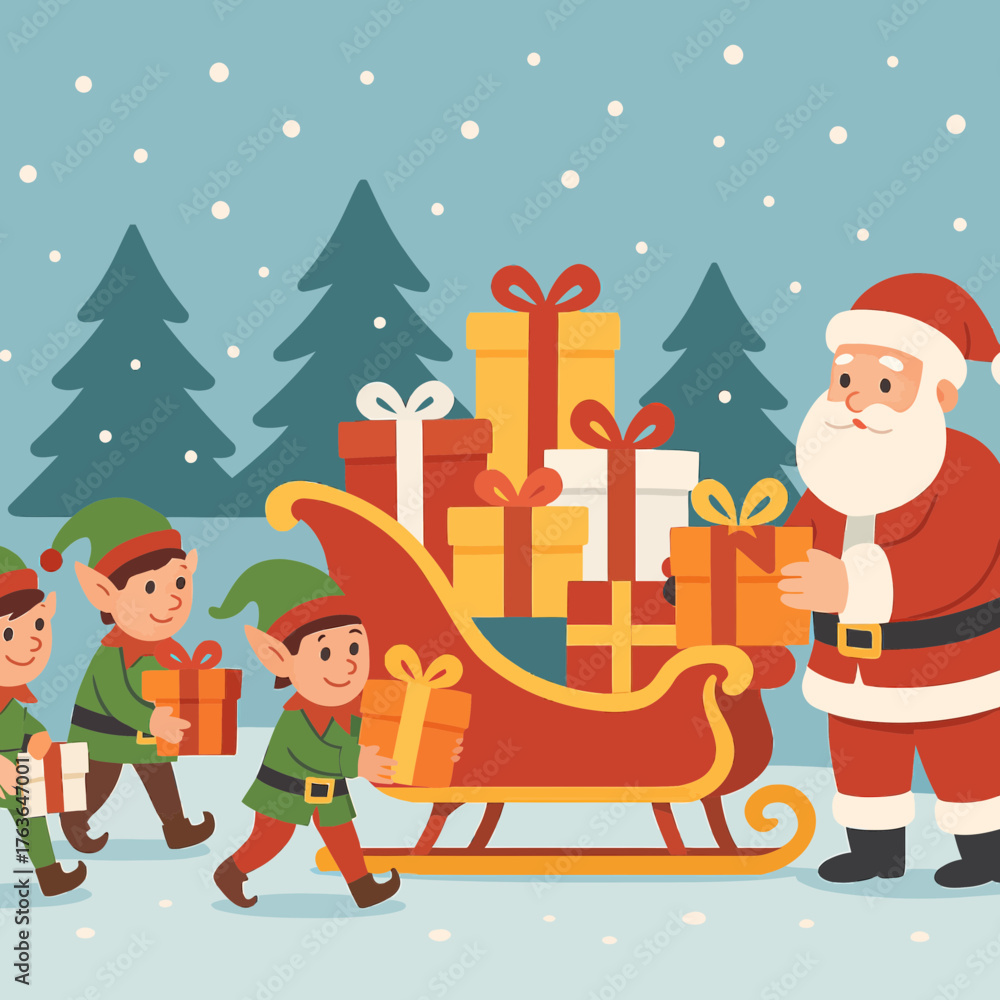 Fototapeta premium Santa Claus and Elves with Gift Bags and Sleigh Flat Vector Illustration