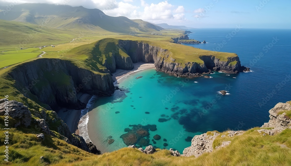 Fototapeta premium Aerial view shows dramatic Scottish coastline. Rugged green cliffs drop to pristine sandy beach, clear turquoise bay. Rolling hills extend to distant mountains. Deep blue ocean meets horizon. Remote,