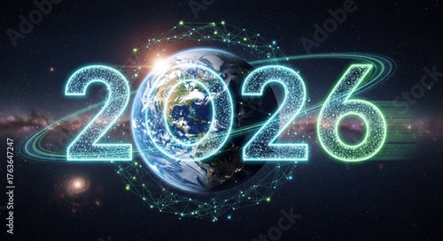Futuristic Earth and Year 2026 with Stars and Cosmic Effects in Outer Space