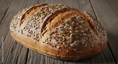Rustic whole grain bread loaf with seeds on wooden table