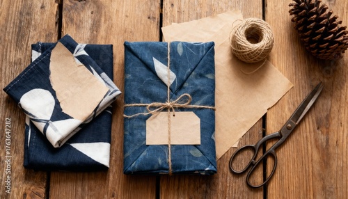 Sustainable Furoshiki Fabric Gift Wrapping Flat Lay