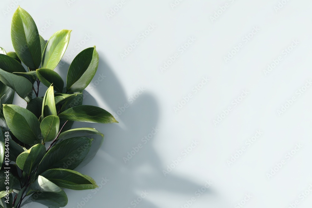 Fototapeta premium Fresh Green Leaves on Soft Gray Background for Natural Aesthetic