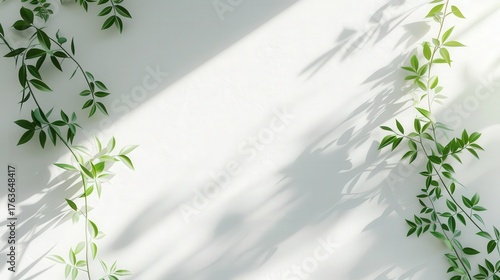 Green Leaves Against White Wall with Shadows and Natural Light
