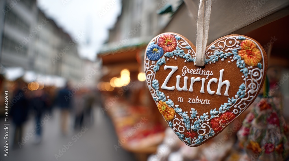 Obraz premium Heart-Shaped Gingerbread Decoration at a Festive Market, Evoking Travel and Celebration in Zurich, Switzerland