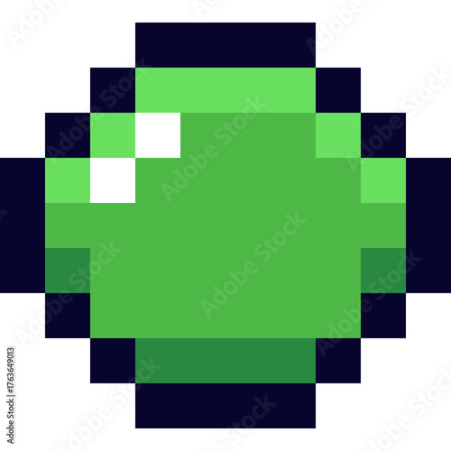 Pixel Art Green Orb With Dark Border A Digital Graphic Design Element With A Translucent Highlight Reflecting Light