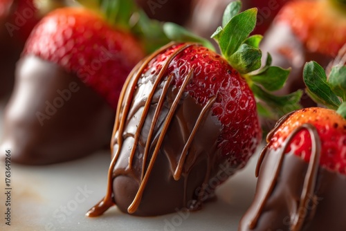 Close up view of ripe red strawberries generously dipped in rich melted dark chocolate with a glossy drizzle