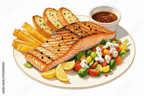 Ember-Glazed Grilled Salmon Steak Platter isolated watercolor vector illustration svg