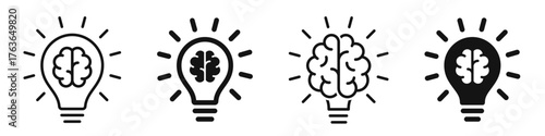 Brain in light bulb icon set. Creative, generating idea, solution , knowledge, lamp - stock vector.