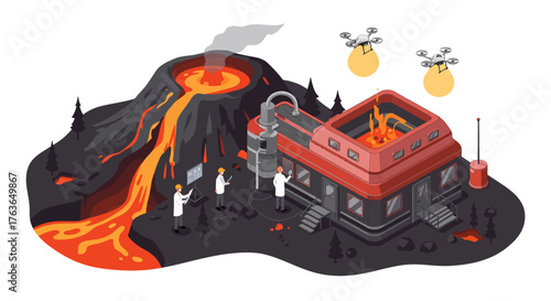 Geothermal energy extraction with volcano and drones in isometric design