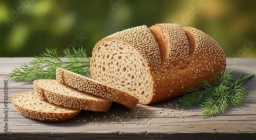 Freshly baked sesame seed bread loaf sliced on wooden table outdoors