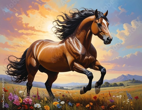 A majestic brown horse galloping across a vibrant field