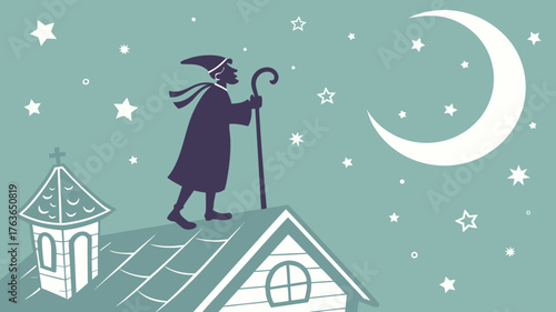 Silhouette of a character walking on a rooftop under a crescent moon and starry sky