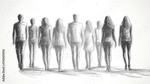 Group of Diverse People Walking Away in Artistic Sketch Style