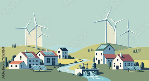 Flat Vector Illustration of Small Village Using Hybrid Renewable Energy Sources
