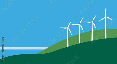 Minimalist Vector Illustration of Wind Turbines on Coastal Hill