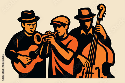PrintJazz trio playing instruments in a stylized illustration
