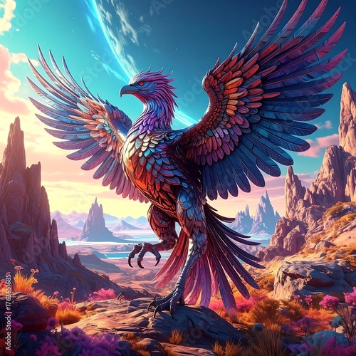 A majestic colorful bird with outstretched wings on a vibrant alien landscape