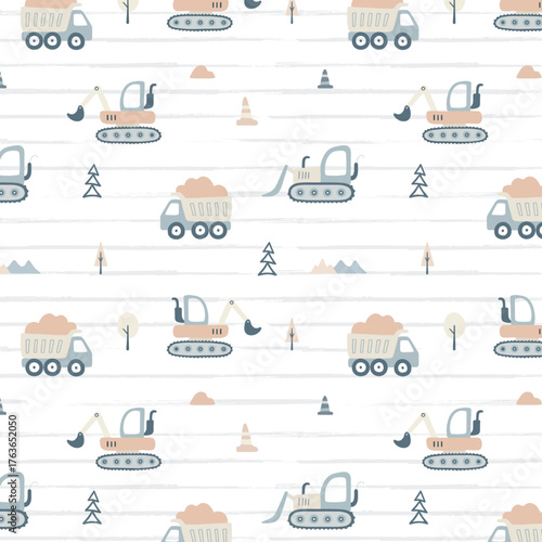 Vector hand-drawn seamless repeating children simple pattern with cars in Scandinavian style on a white background. Kids seamless pattern with building equipment. Funny construction transport