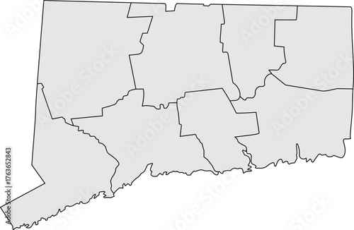 Vector political map of Connecticut state outline with all 8 county borders, filled with a solid grey color, presented as a map of the New England US state.