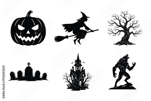 Spooky Halloween icons featuring pumpkin, haunted house, witch, graveyard, werewolf and dead tree