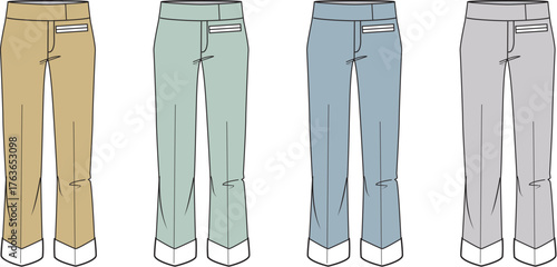 Vector illustration set of women's pants with rolled cuffs in four different colors. Fashion technical flat sketch for apparel design and wardrobe concepts