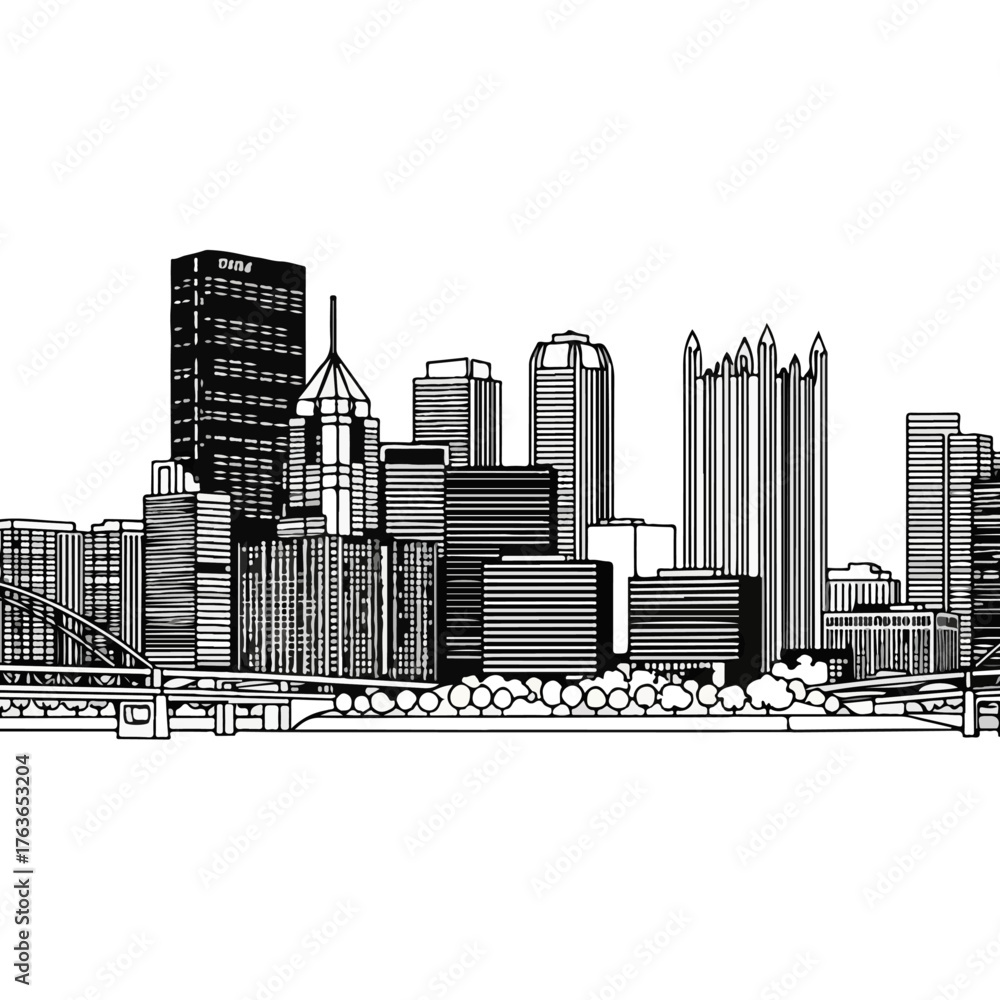 Fototapeta premium Pittsburgh Skyline Depiction - A Detailed Black and White Cityscape.