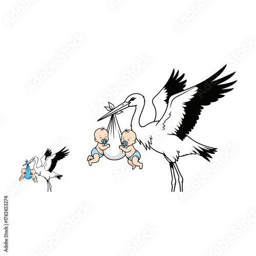 Stork delivering twins, a symbol of new life and family.