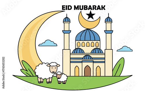 Eid Mubarak illustration shows a mosque, sheep, and crescent moon with transparent background