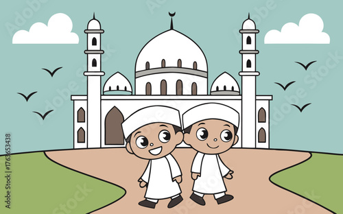 Cartoon Muslim boys cheerfully walk near white mosque with minarets under cloudy sky